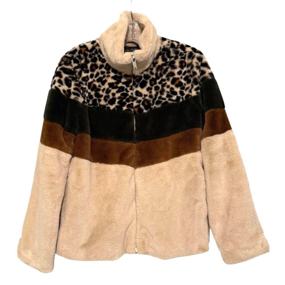 Altar’d State Leopard Colorblock Faux Fur Teddy Jacket Cozy Boho M